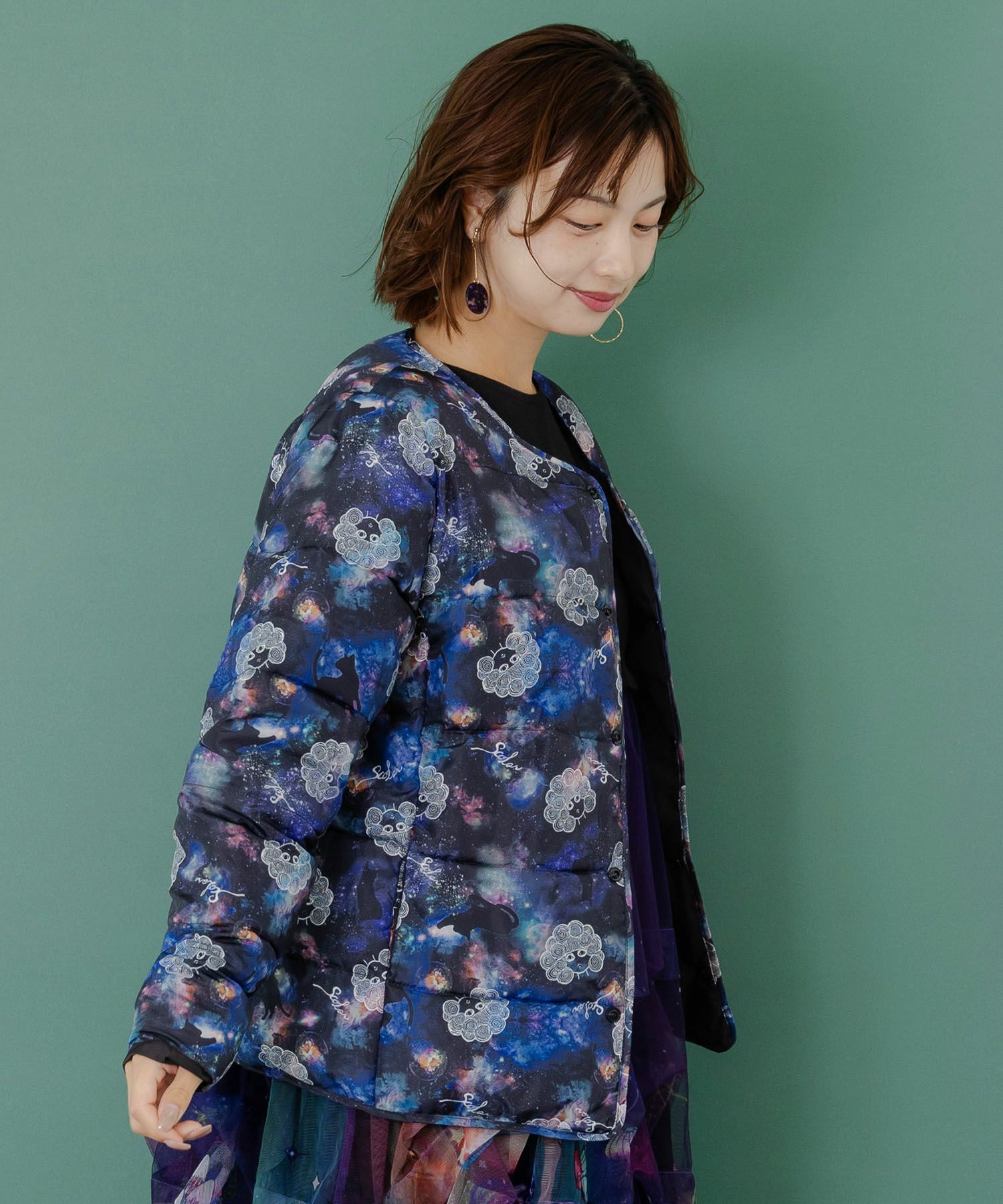 スカラーちゃん×宇宙×ネコ柄リバーシブル中綿ブルゾン-4