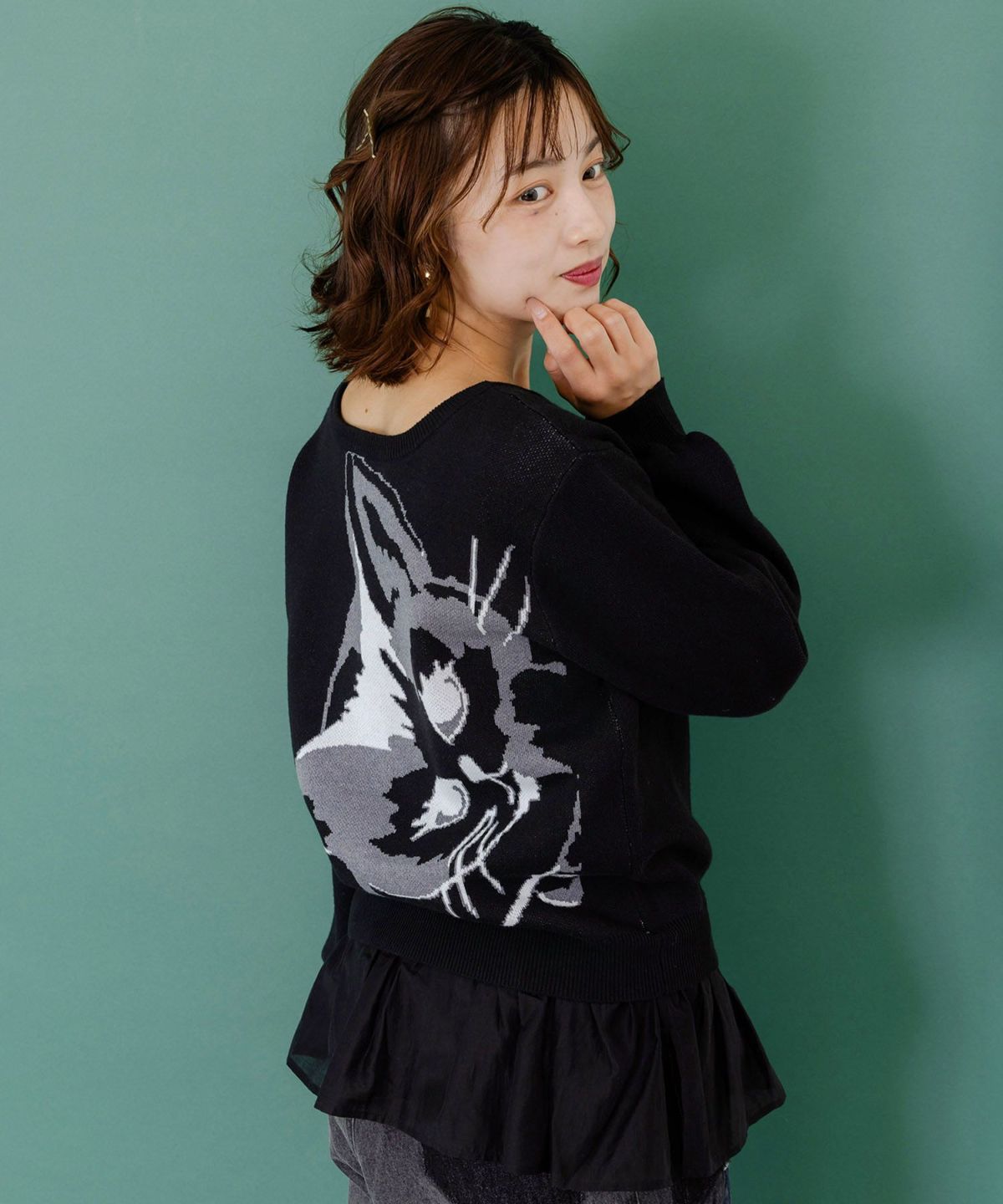 ひょっこり黒ネコ×フリル付き 4WAYプルオーバー-1