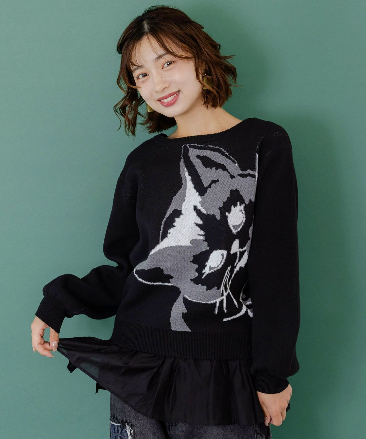 ひょっこり黒ネコ×フリル付き 4WAYプルオーバー-9