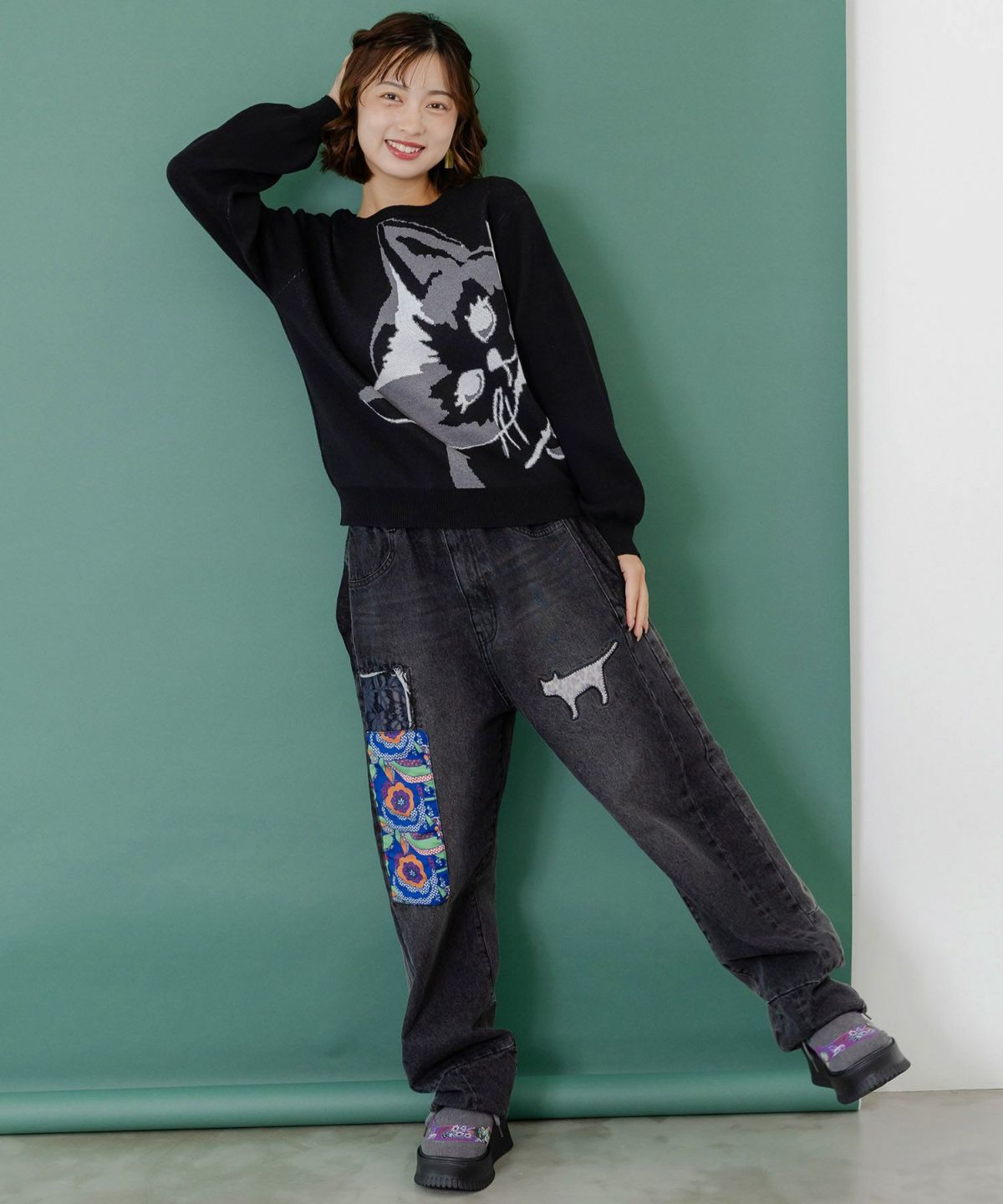 ひょっこり黒ネコ×フリル付き 4WAYプルオーバー-12