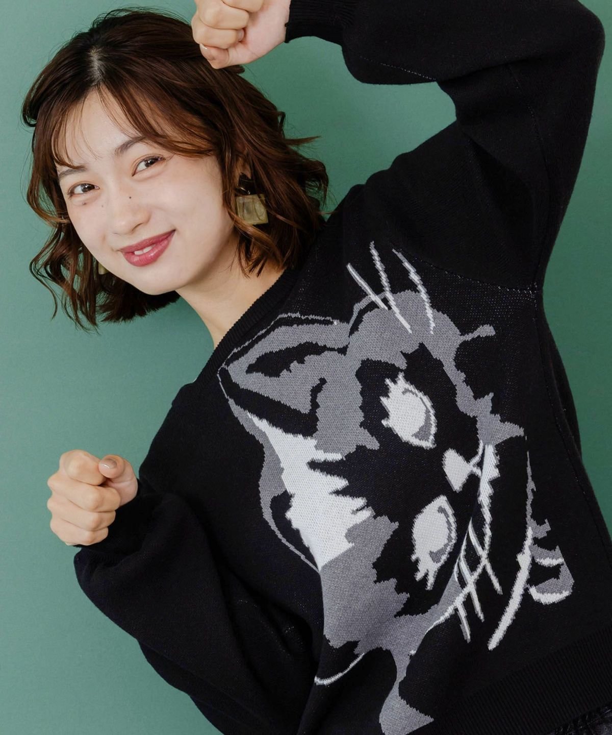 ひょっこり黒ネコ×フリル付き 4WAYプルオーバー-15