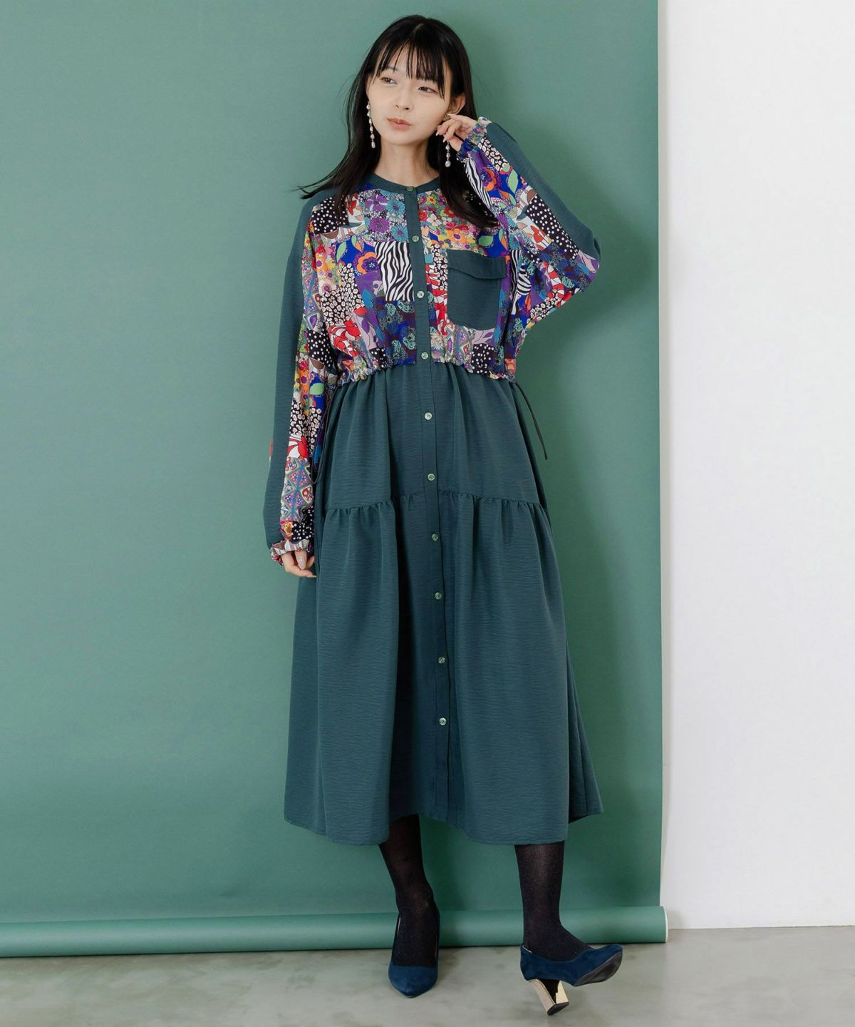 総柄ワッシャーティアードシャツワンピース-3