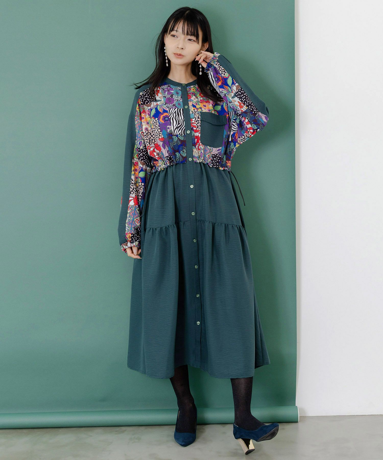 総柄ワッシャーティアードシャツワンピース-3