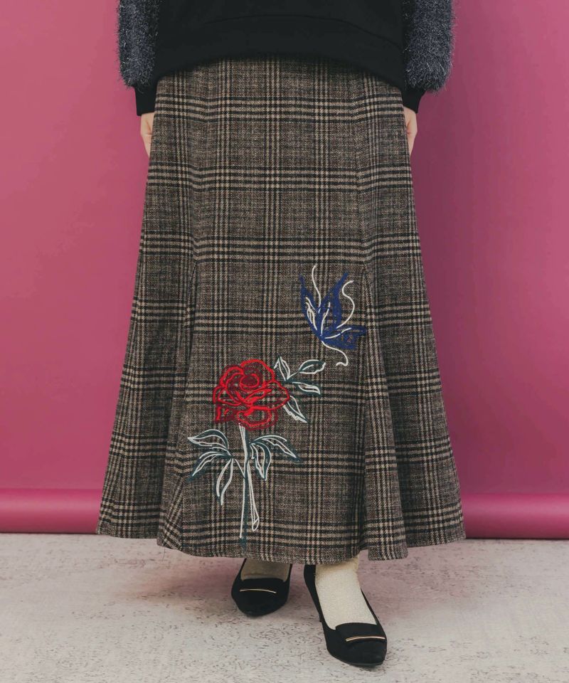 バラ×蝶刺繍起毛 チェックマーメイドスカート-1
