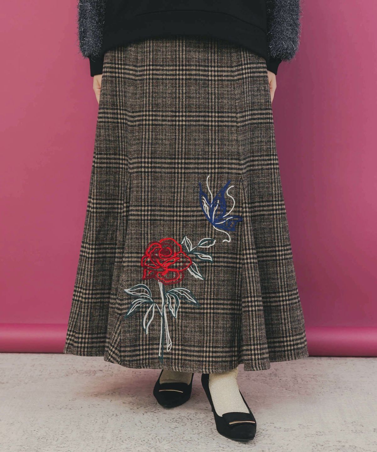 バラ×蝶刺繍起毛 チェックマーメイドスカート-1