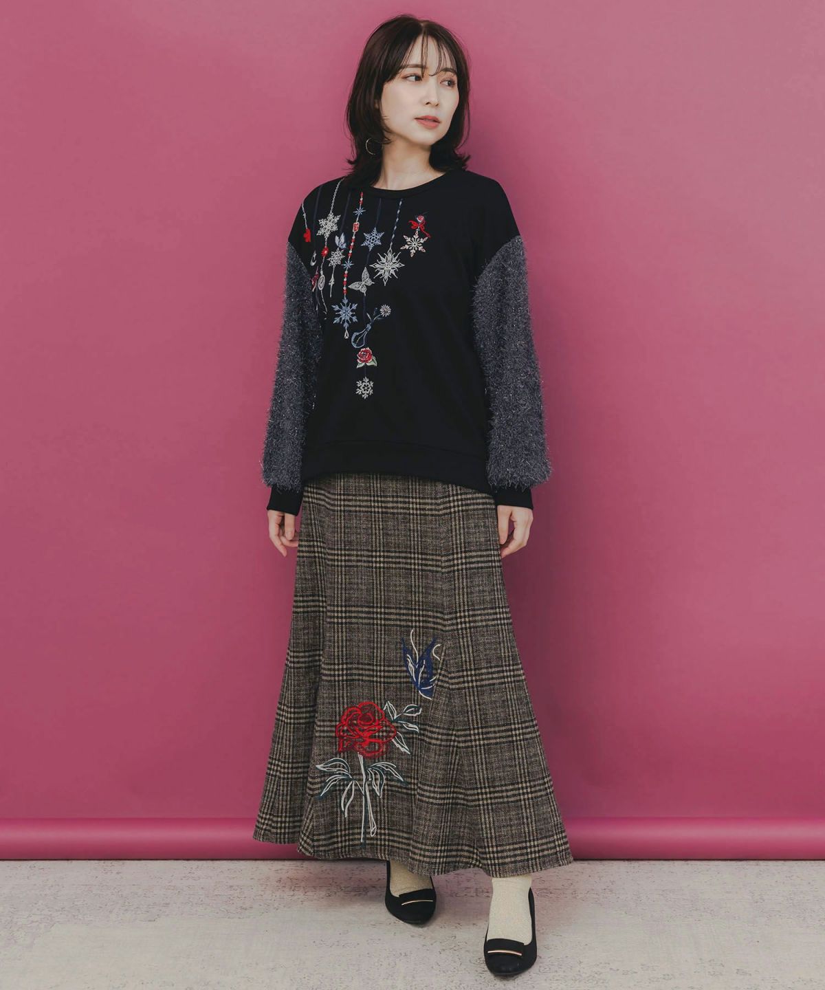 バラ×蝶刺繍起毛 チェックマーメイドスカート-2