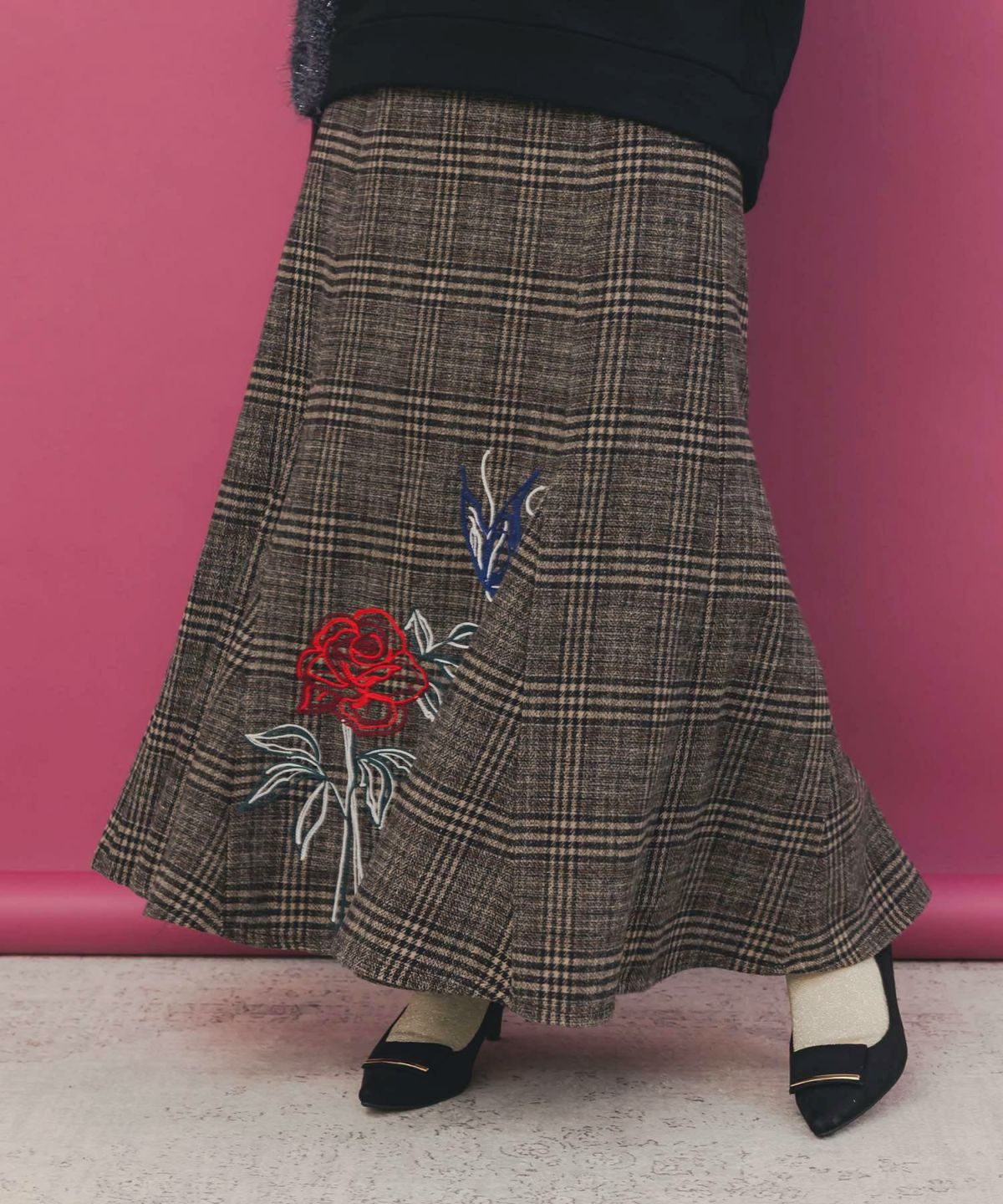 バラ×蝶刺繍起毛 チェックマーメイドスカート-3