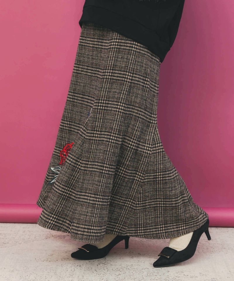 バラ×蝶刺繍起毛 チェックマーメイドスカート-4