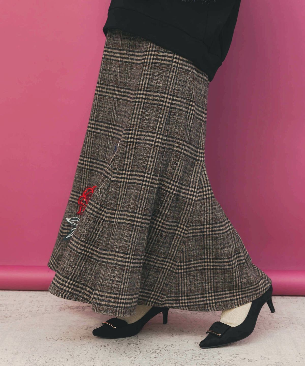 バラ×蝶刺繍起毛 チェックマーメイドスカート-4