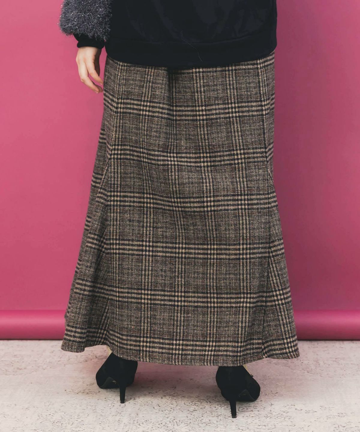 バラ×蝶刺繍起毛 チェックマーメイドスカート-5