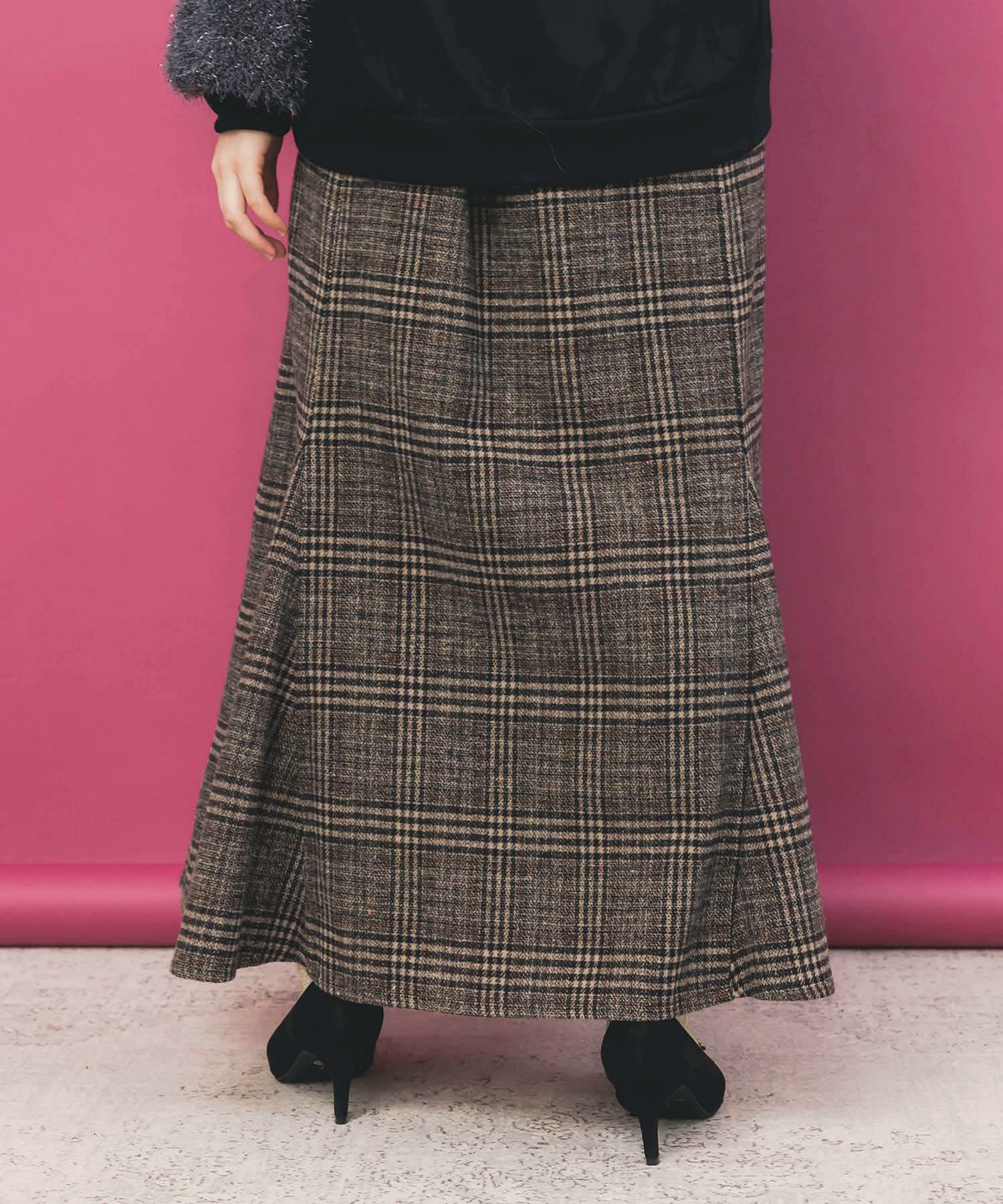 バラ×蝶刺繍起毛 チェックマーメイドスカート-5