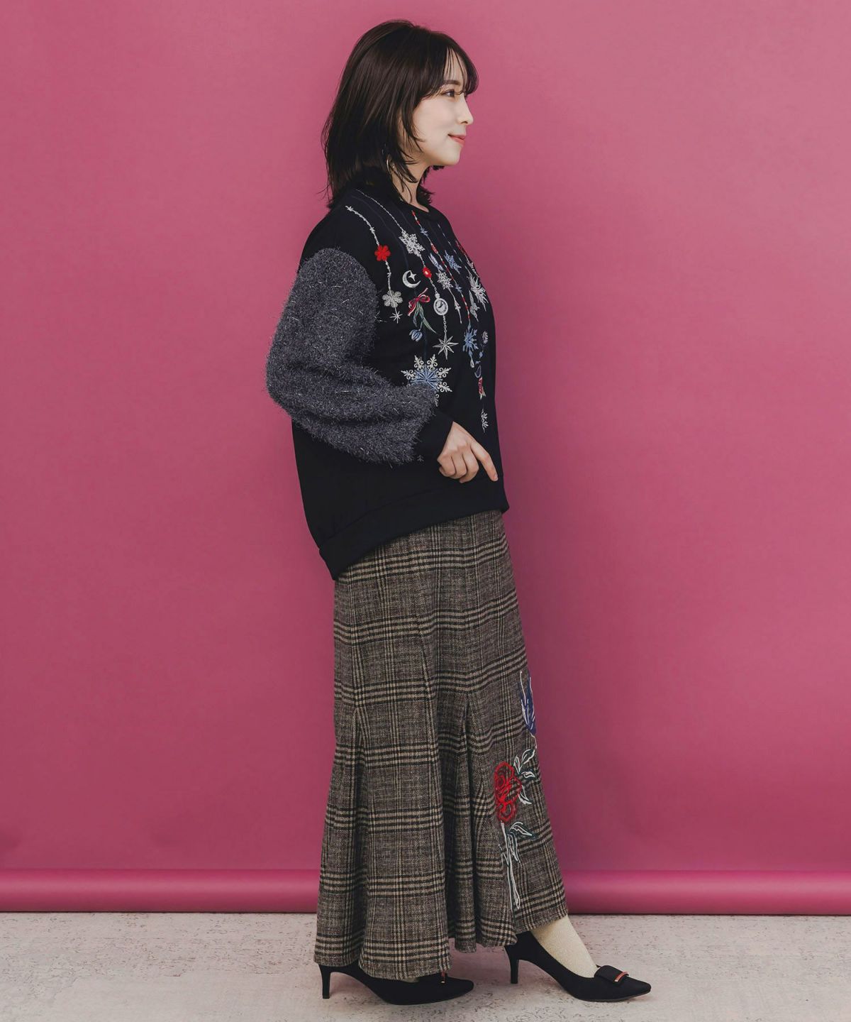バラ×蝶刺繍起毛 チェックマーメイドスカート-6