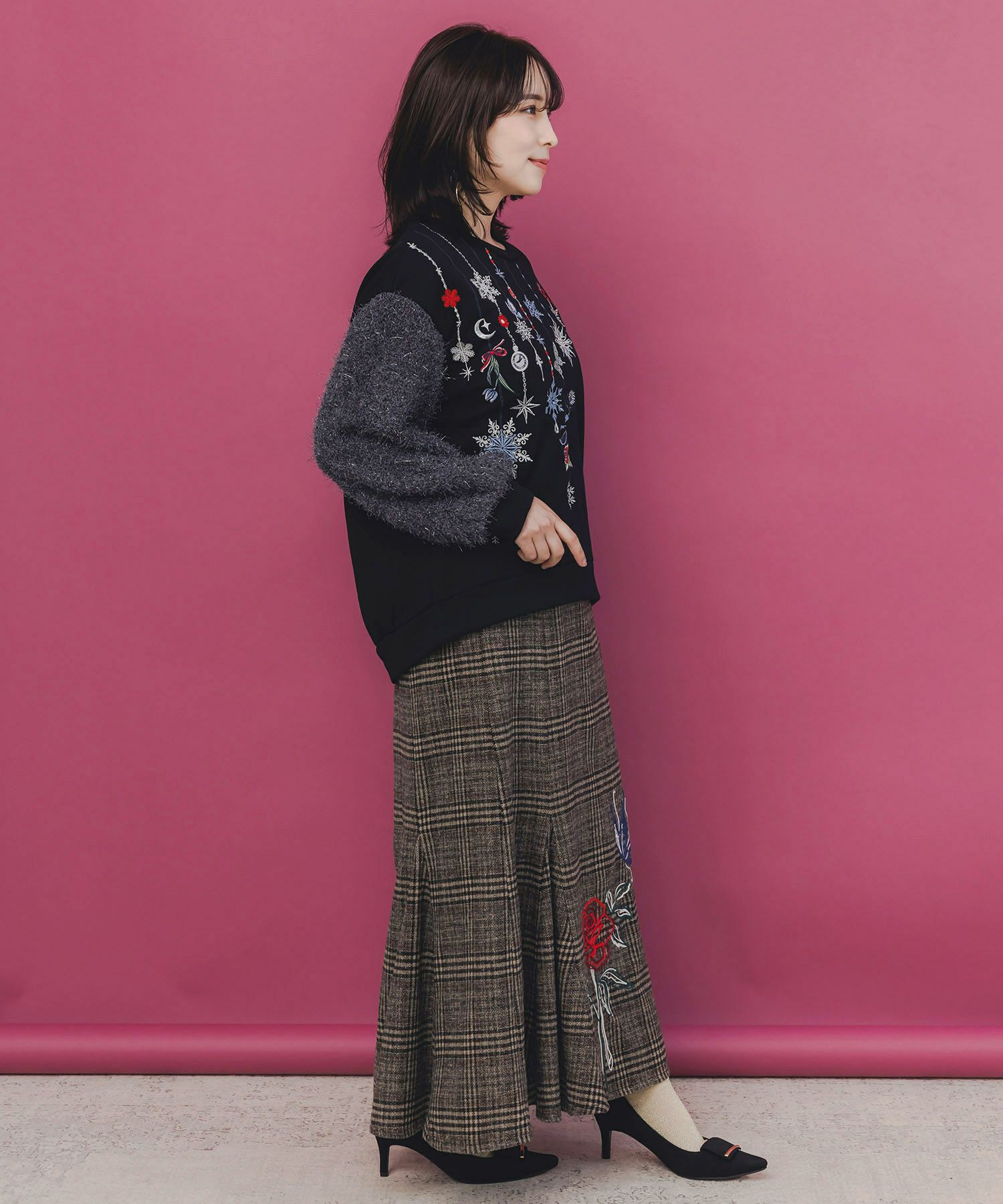 バラ×蝶刺繍起毛 チェックマーメイドスカート-6