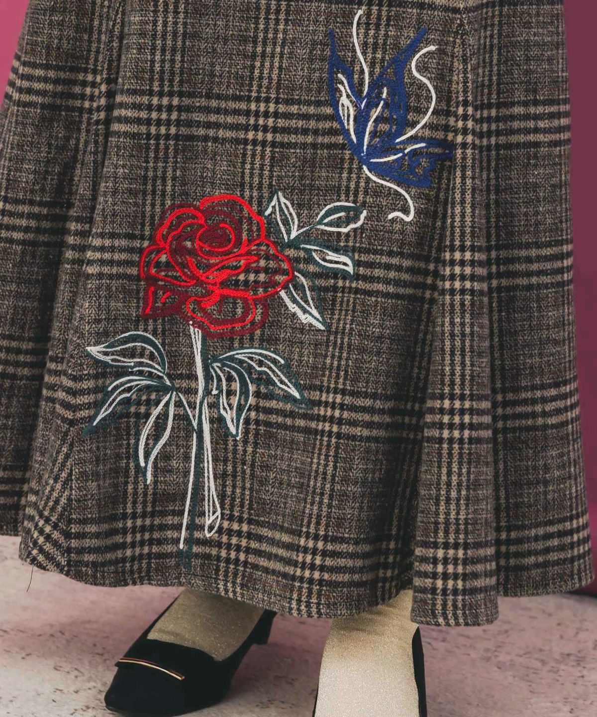 バラ×蝶刺繍起毛 チェックマーメイドスカート-7