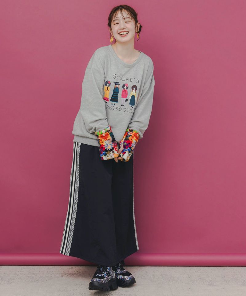 アームウォーマー付き レトロ柄裏毛プルオーバー-3