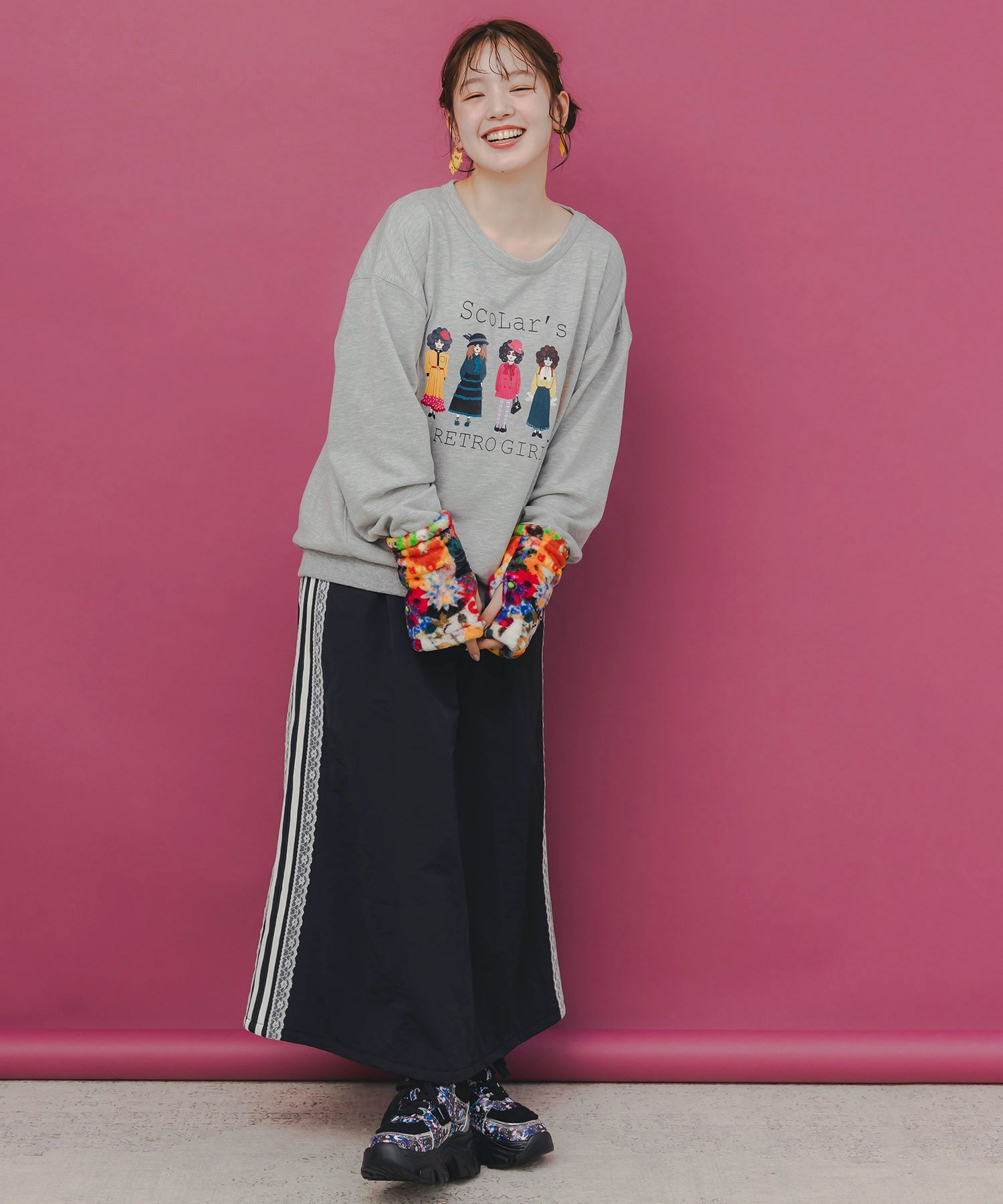 アームウォーマー付き レトロ柄裏毛プルオーバー-3