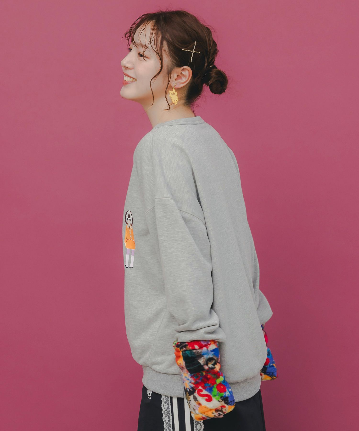 アームウォーマー付き レトロ柄裏毛プルオーバー-5