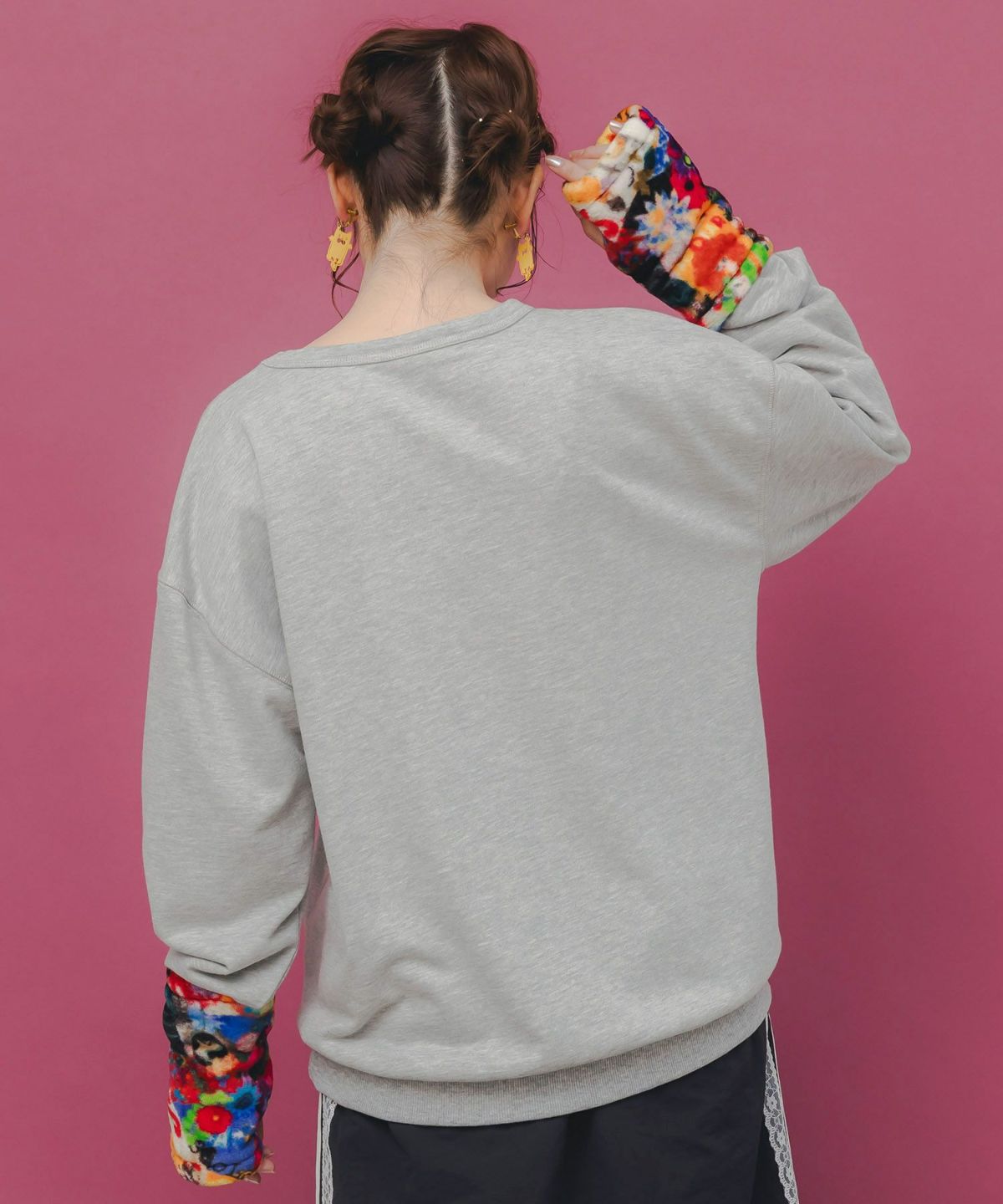 アームウォーマー付き レトロ柄裏毛プルオーバー-6