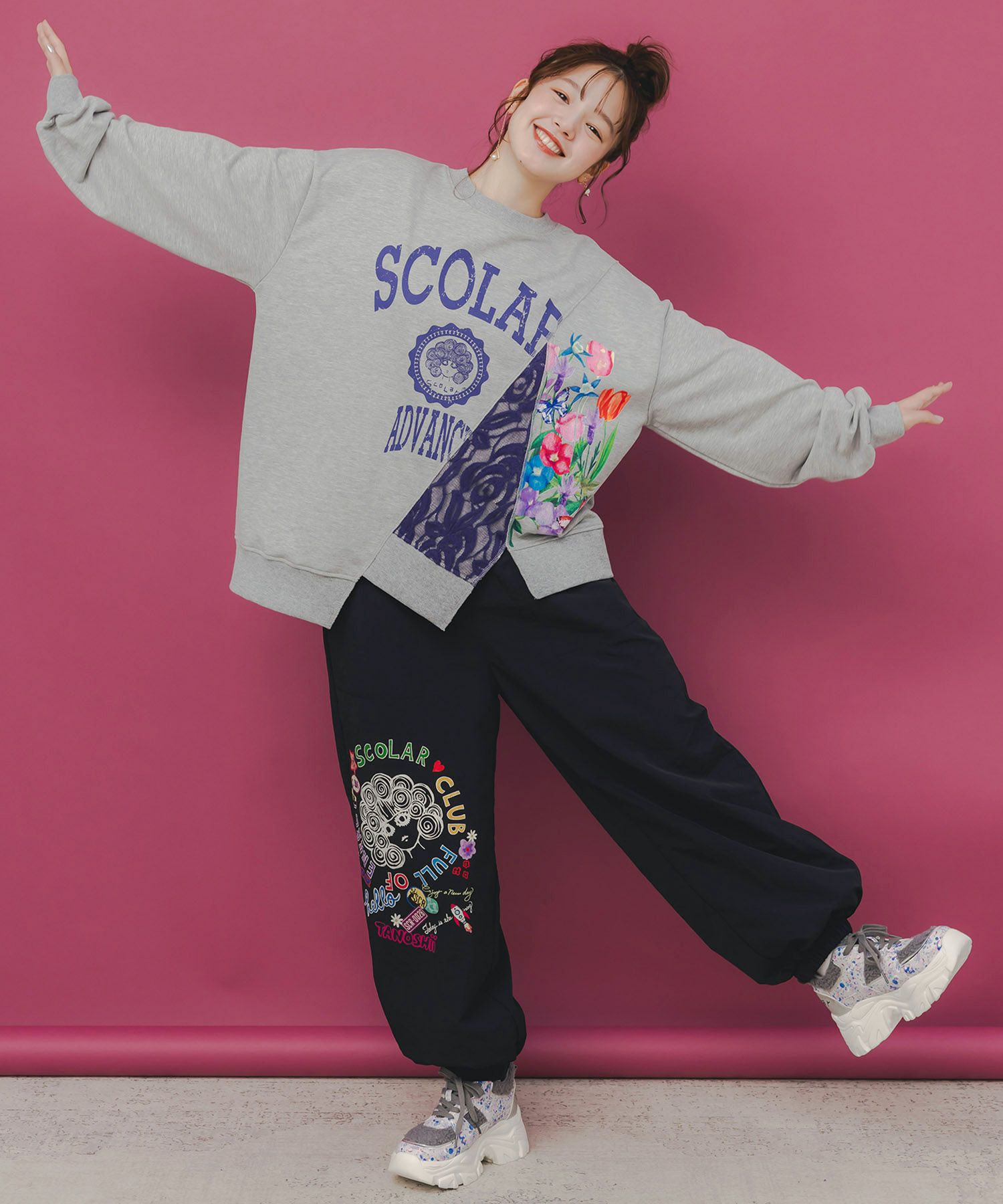 ミニ裏毛×起毛レースリメイク風アシメプルオーバー-2