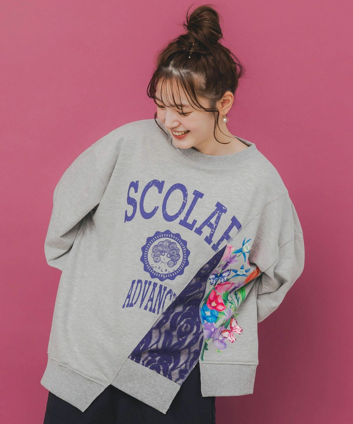 ミニ裏毛×起毛レースリメイク風アシメプルオーバー-3