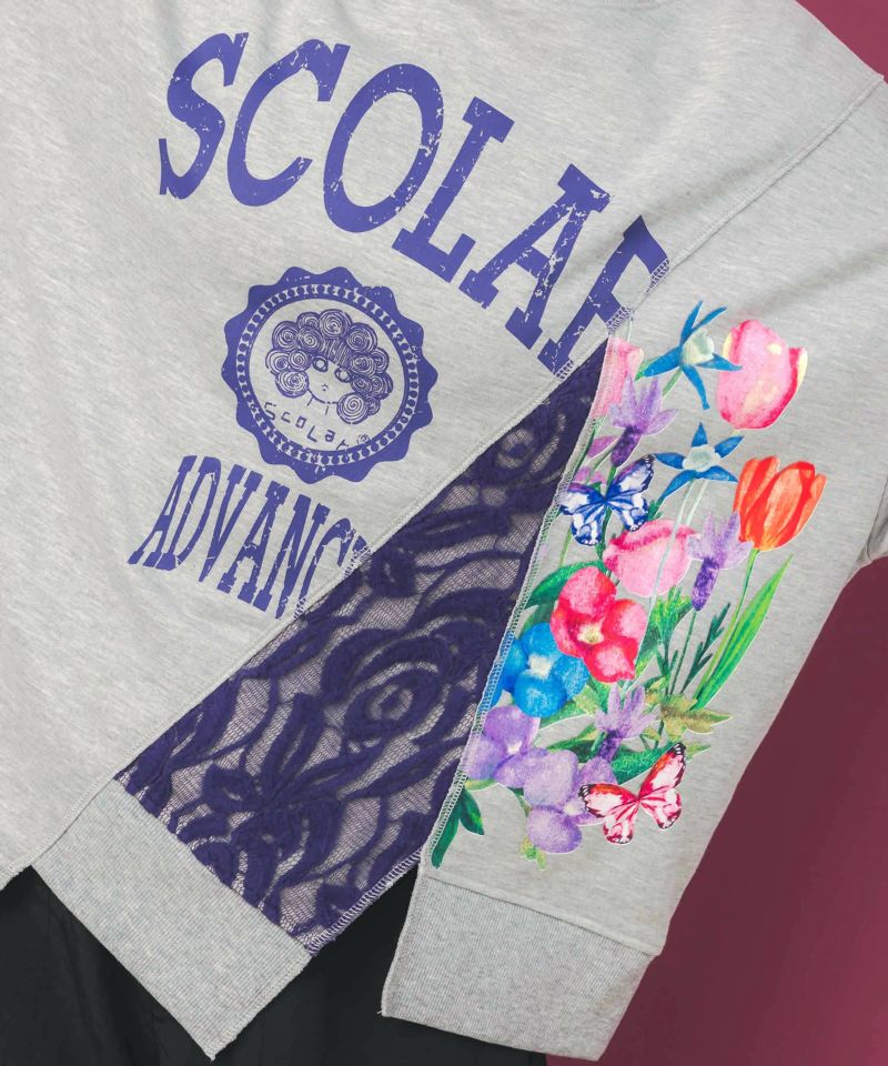 153743：ミニ裏毛×起毛レースリメイク風アシメプルオーバーの通販-ScoLar