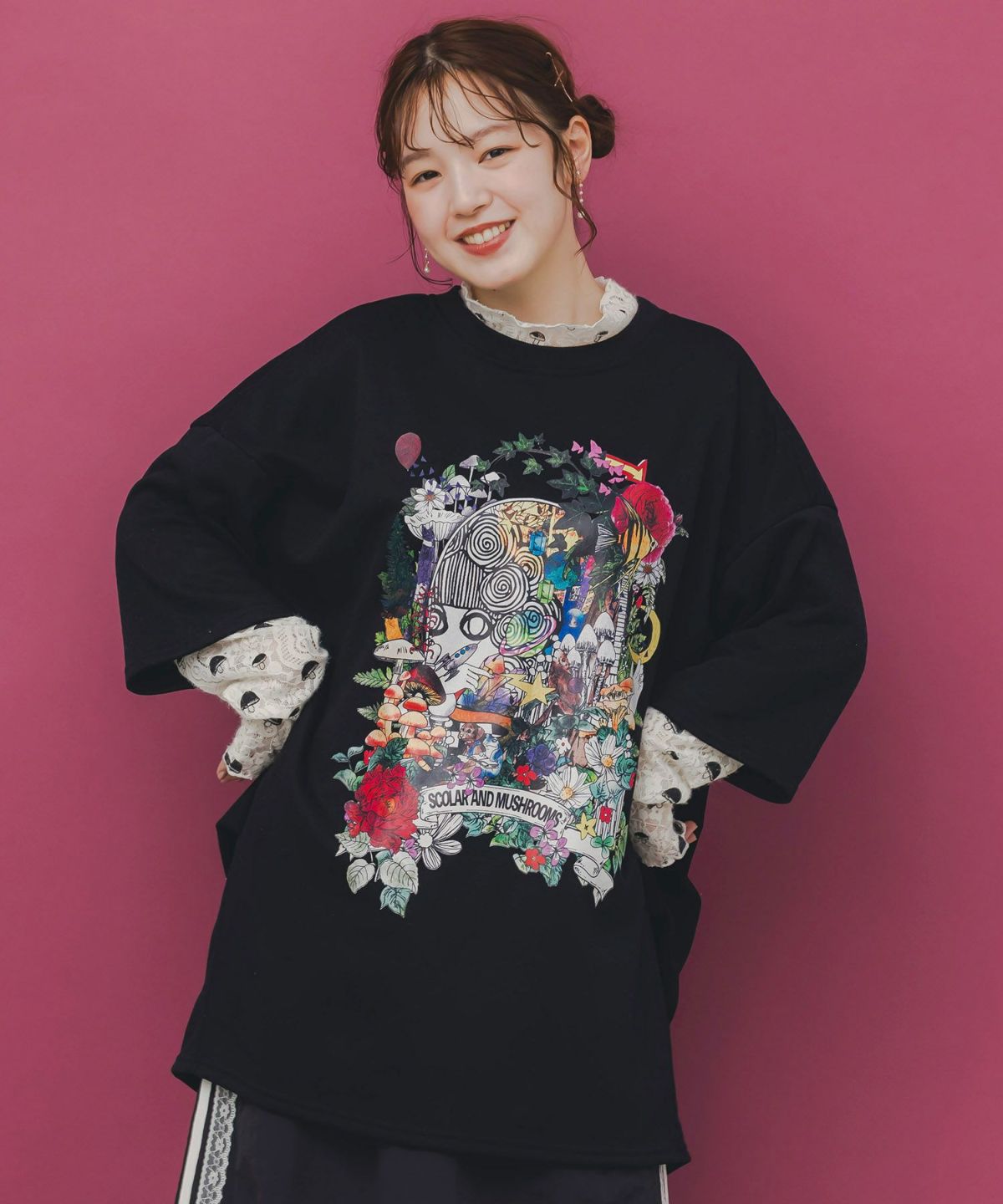 ミニ裏毛×起毛レースきのこ柄レイヤード風チュニック-3