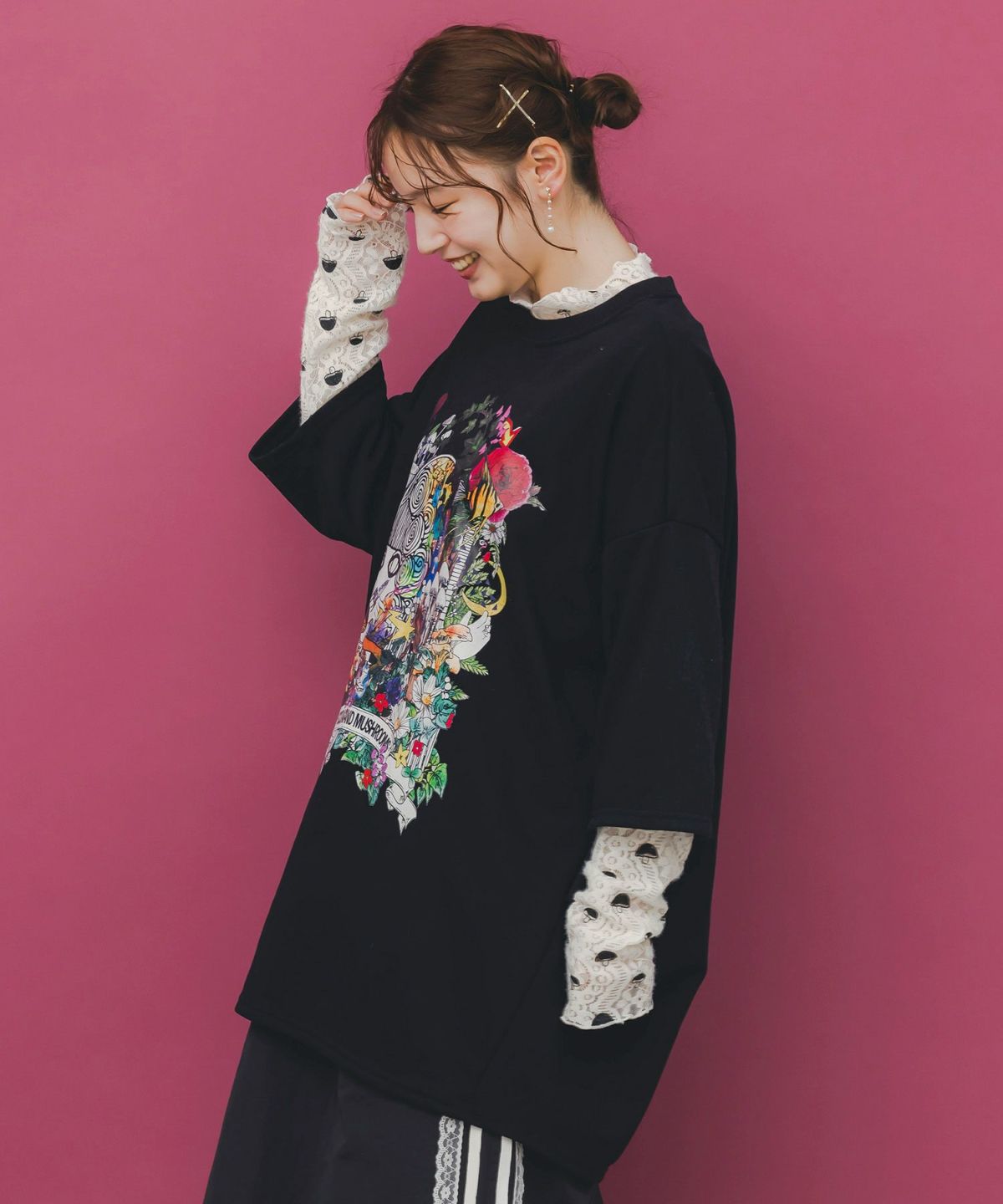 ミニ裏毛×起毛レースきのこ柄レイヤード風チュニック-4