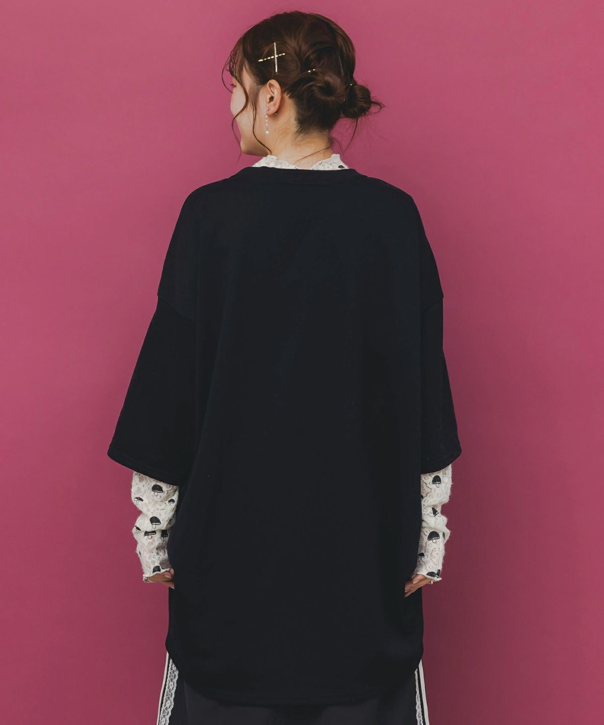 ミニ裏毛×起毛レースきのこ柄レイヤード風チュニック-5