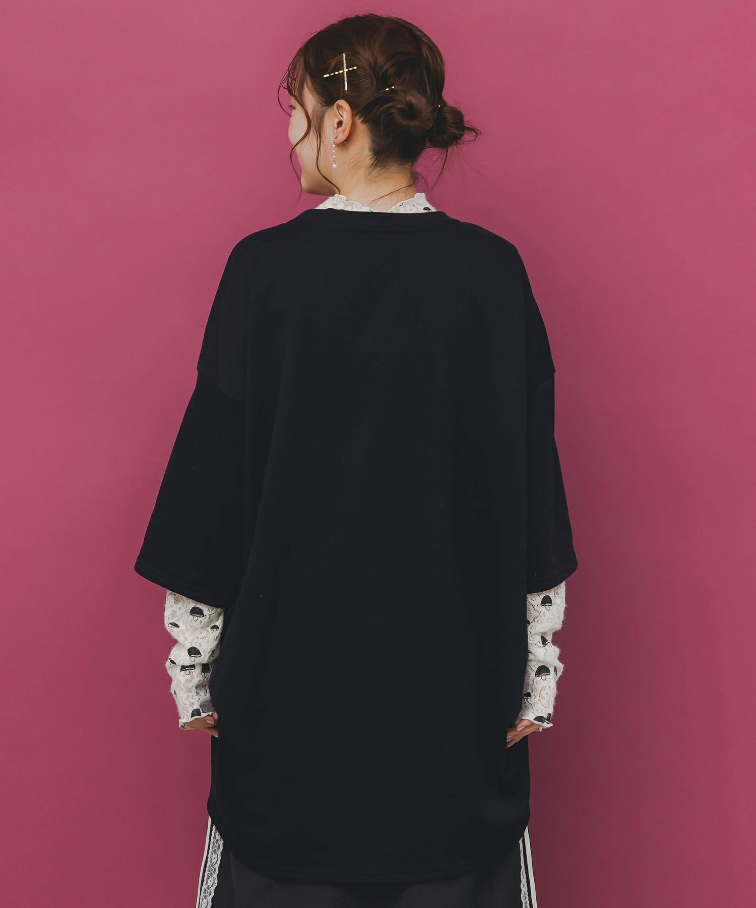 ミニ裏毛×起毛レースきのこ柄レイヤード風チュニック-5