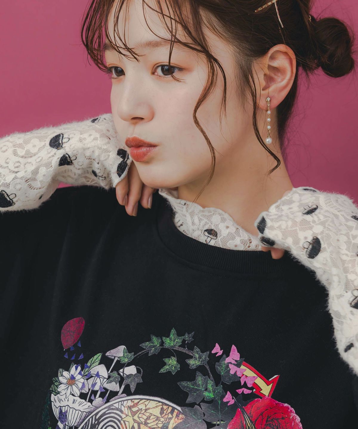 ミニ裏毛×起毛レースきのこ柄レイヤード風チュニック-6