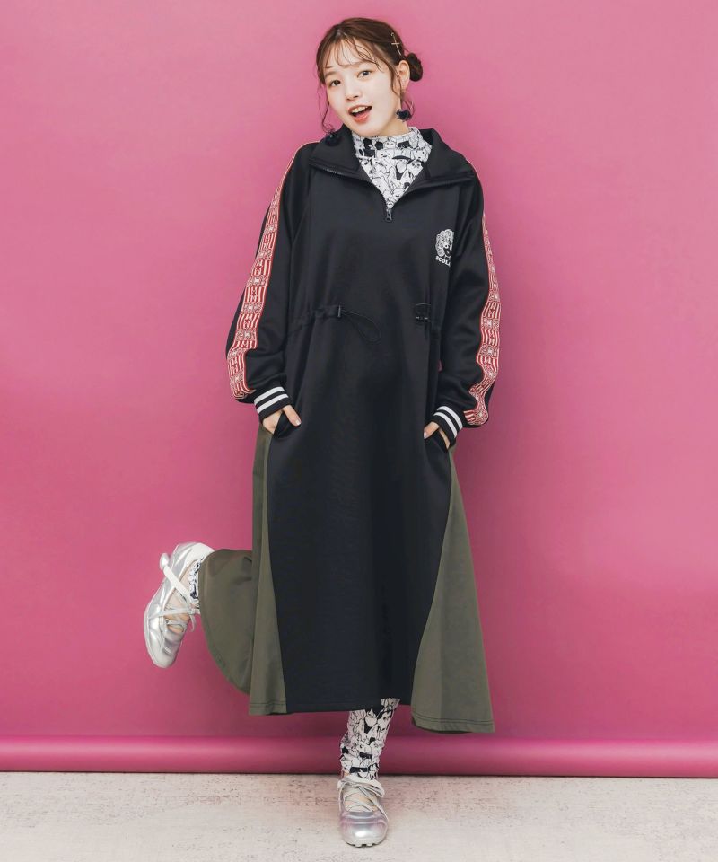 バイカラー異素材 切替ジャージワンピース-1