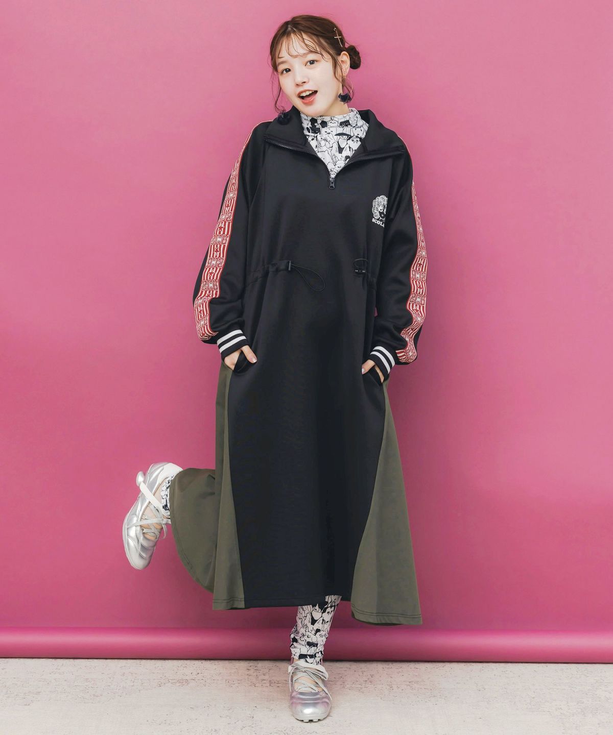 バイカラー異素材 切替ジャージワンピース-1