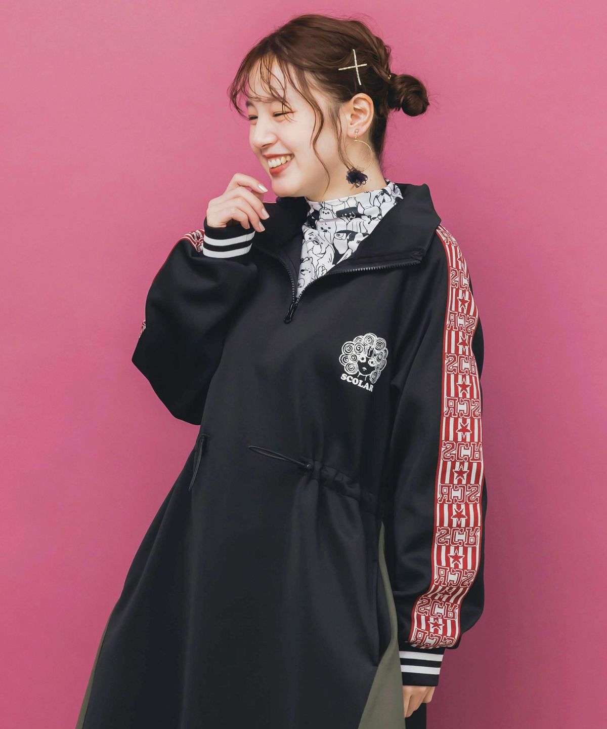 バイカラー異素材 切替ジャージワンピース-2