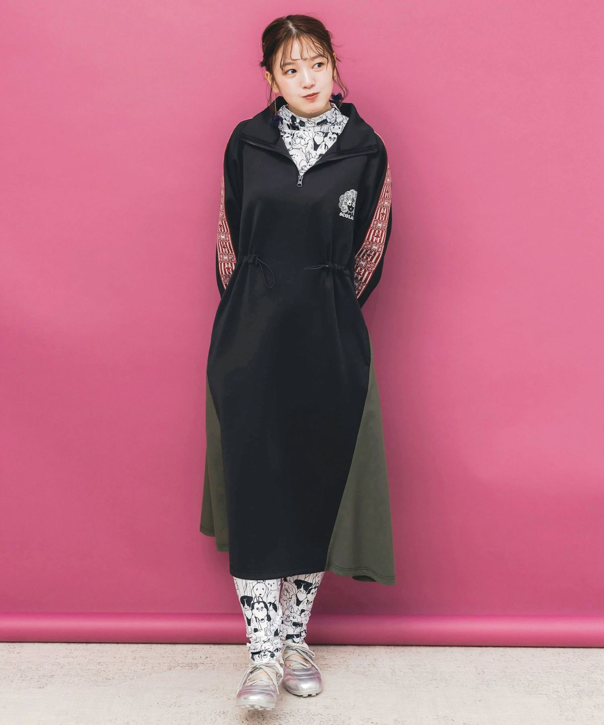 バイカラー異素材 切替ジャージワンピース-3