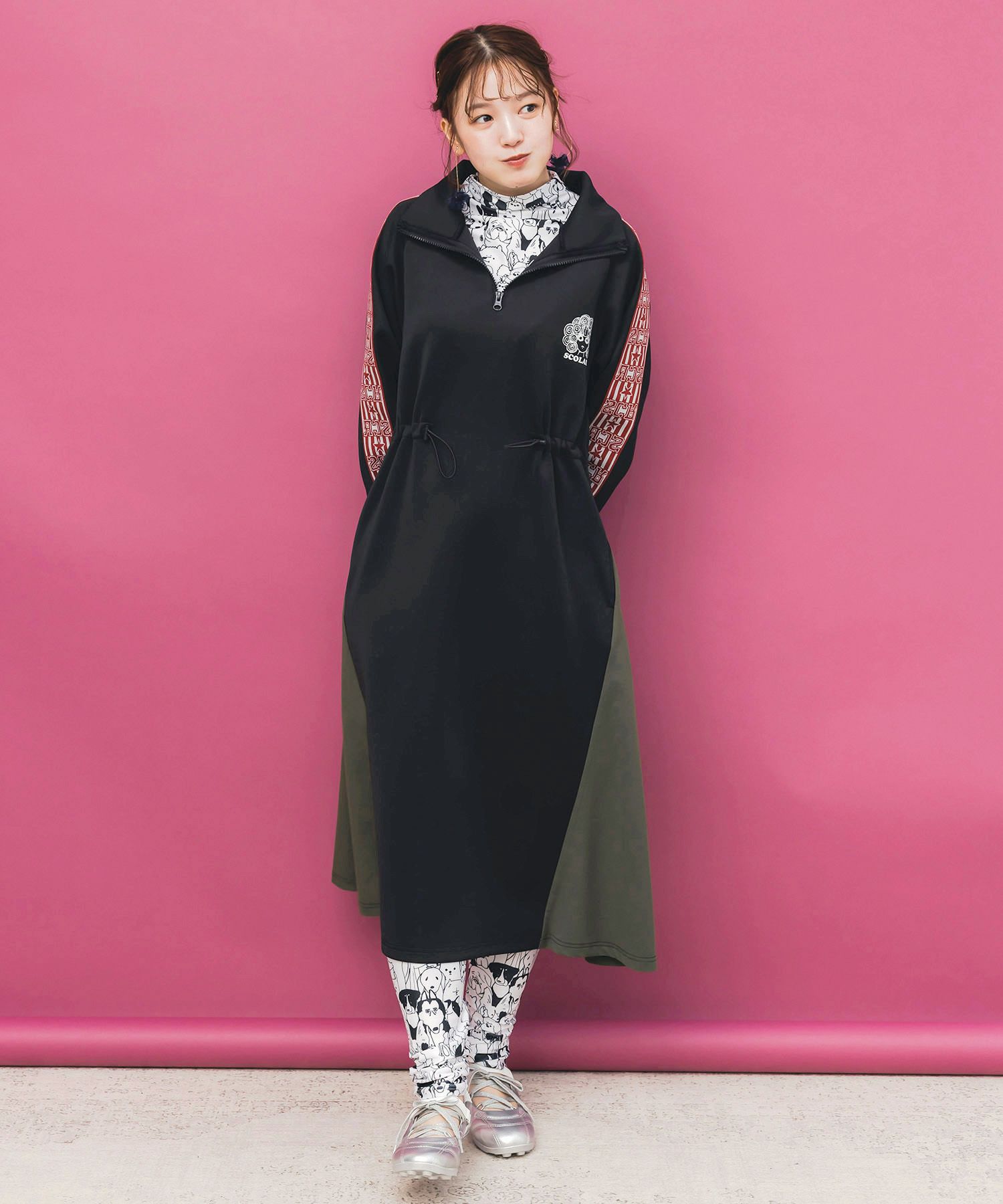 バイカラー異素材 切替ジャージワンピース-3