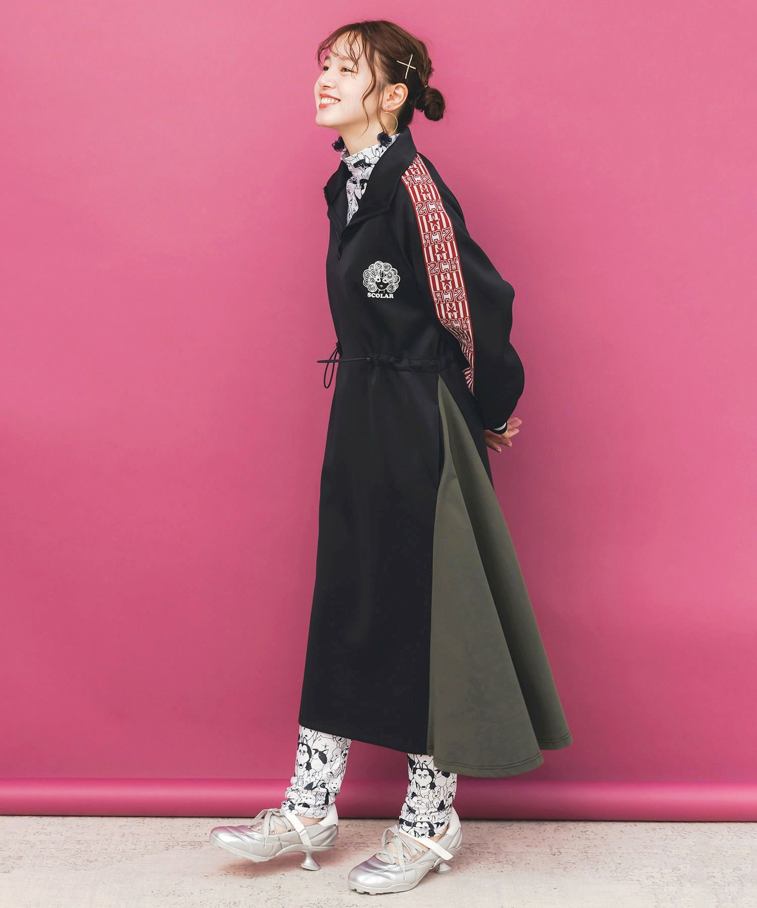 バイカラー異素材 切替ジャージワンピース-4