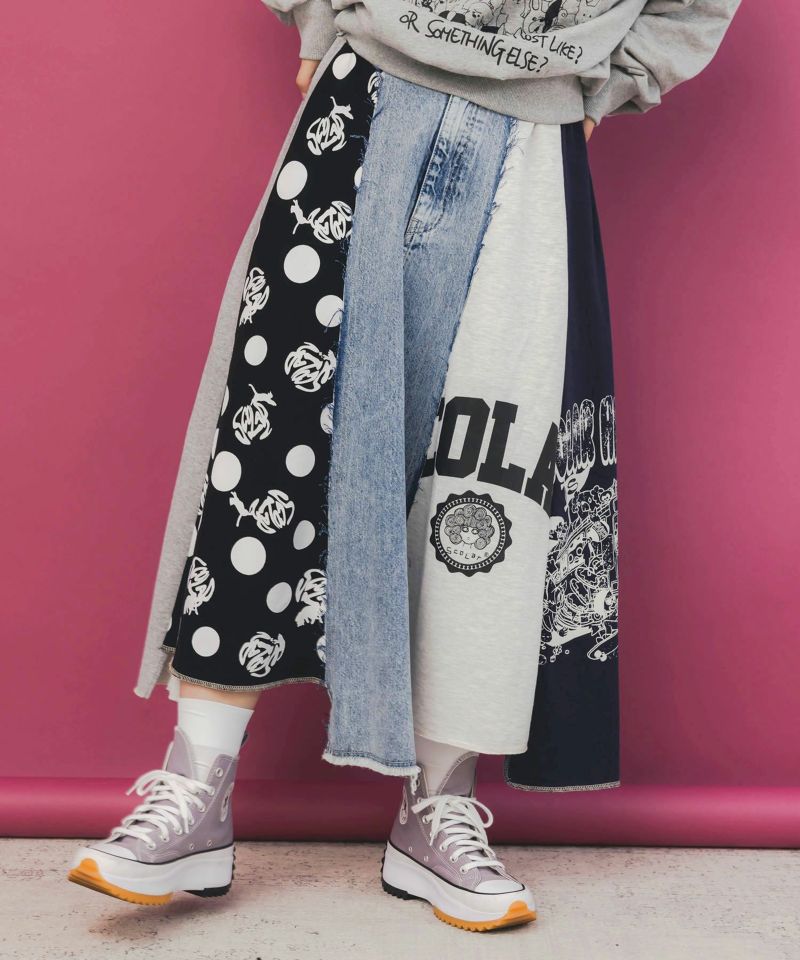 スカラーリメイク風 異素材切替デニムスカート-1