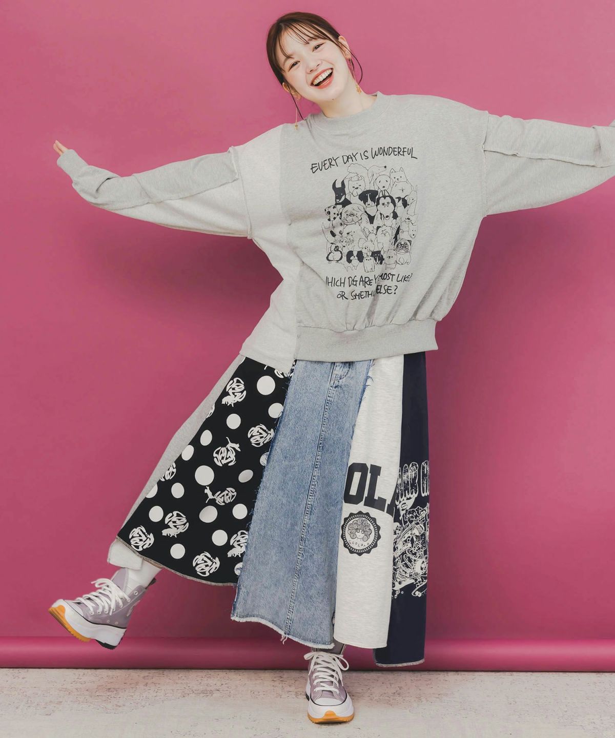 スカラーリメイク風 異素材切替デニムスカート-2