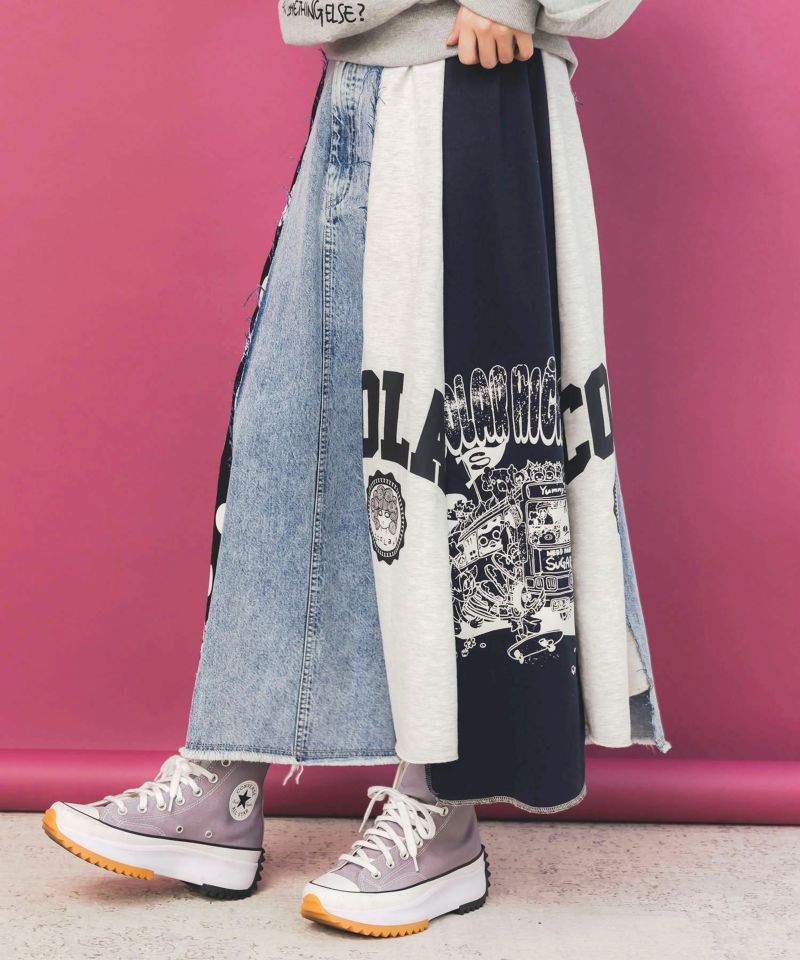 スカラーリメイク風 異素材切替デニムスカート-3