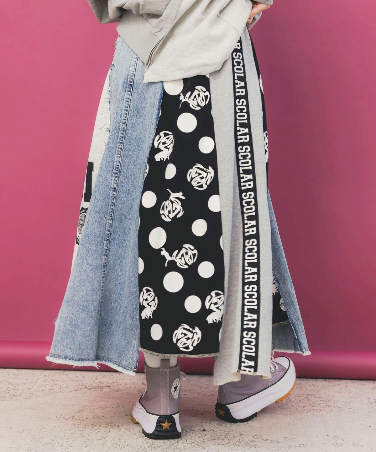 スカラーリメイク風 異素材切替デニムスカート-4