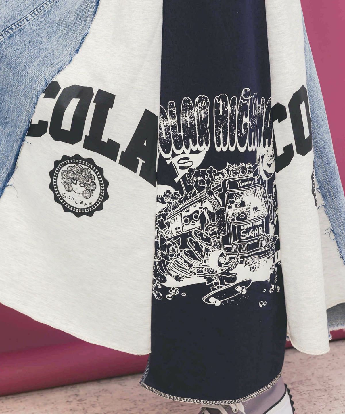 スカラーリメイク風 異素材切替デニムスカート-6