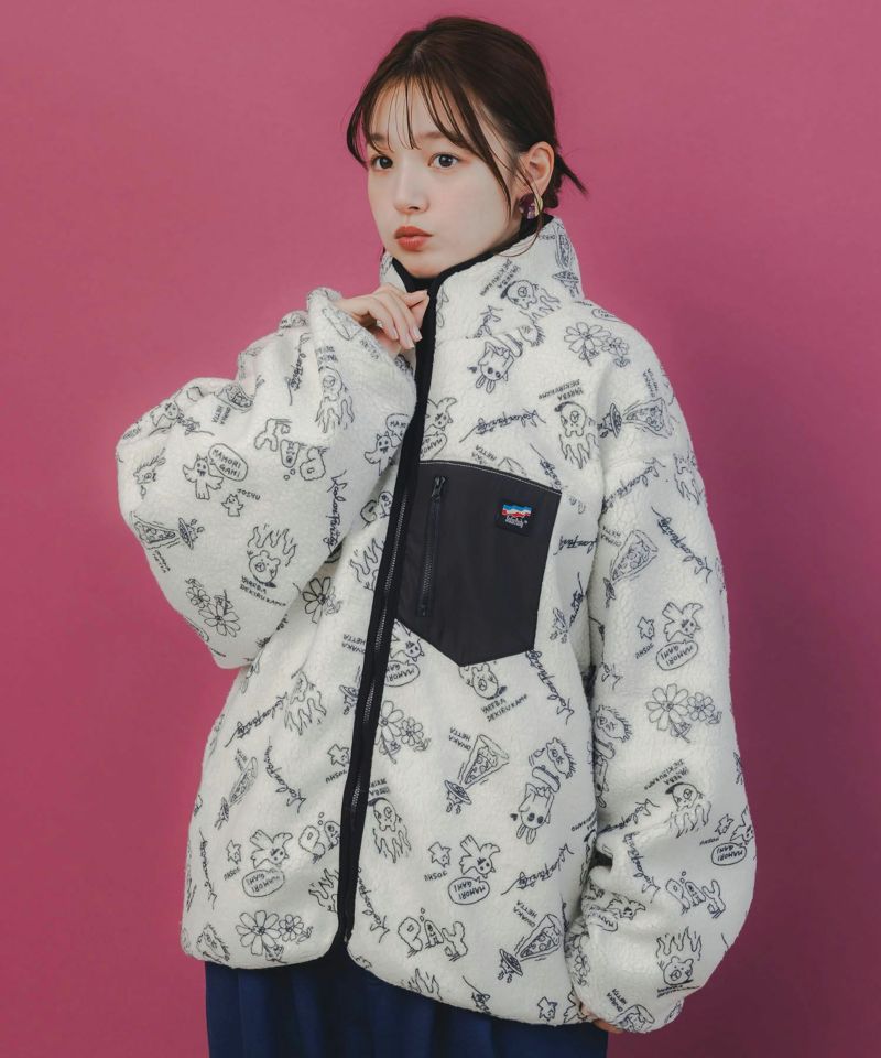 落書き調Parityキャラ厚手ボアハイネックブルゾン-3