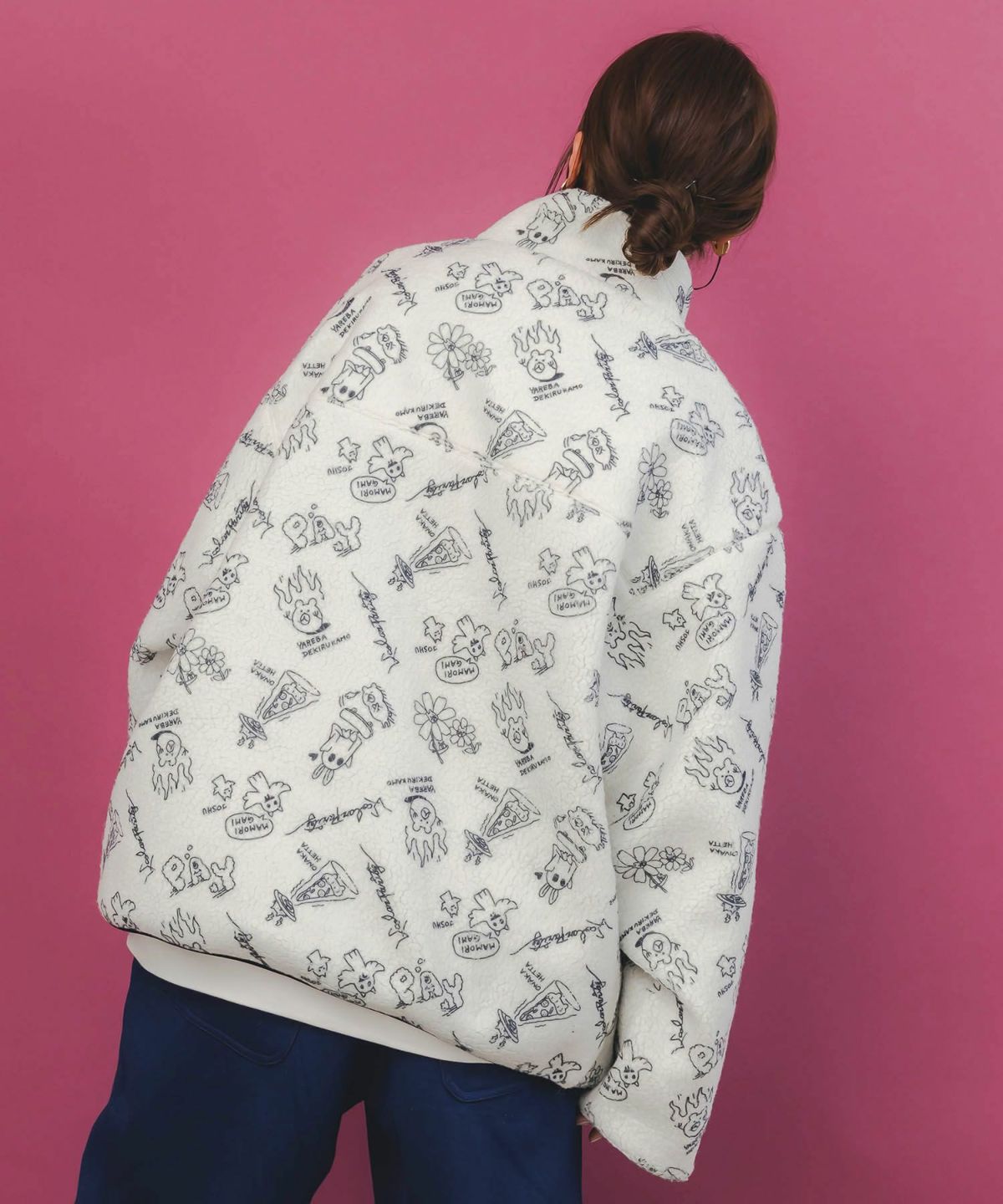 落書き調Parityキャラ厚手ボアハイネックブルゾン-5