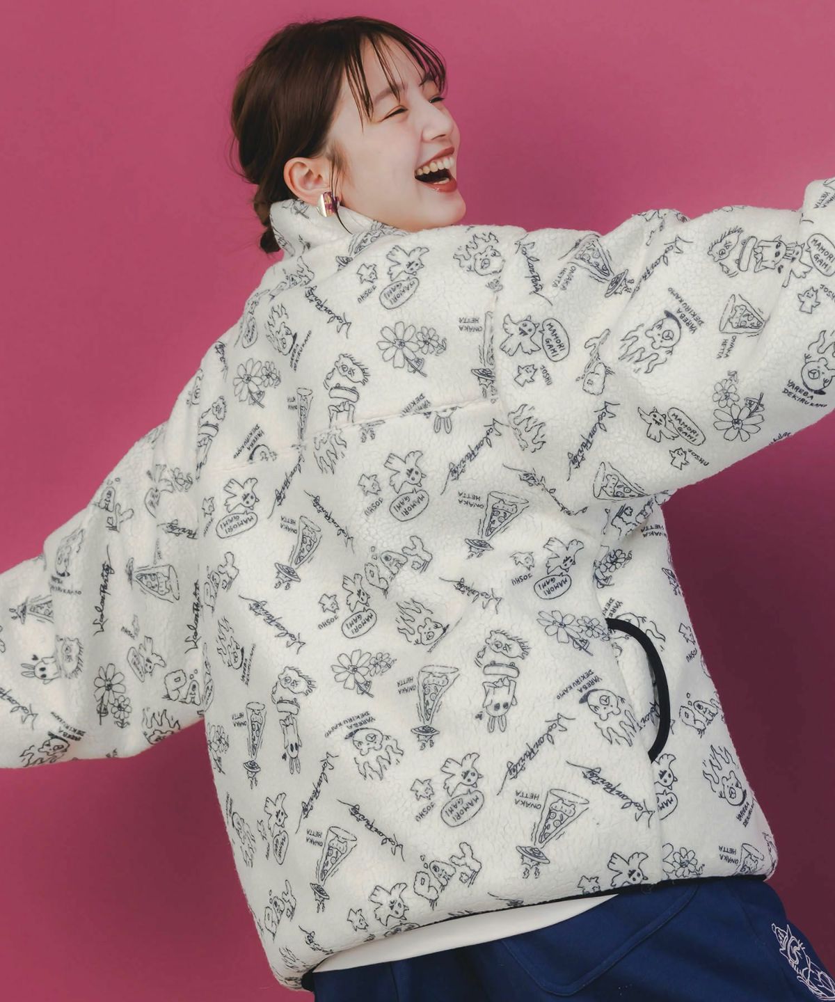 落書き調Parityキャラ厚手ボアハイネックブルゾン-6