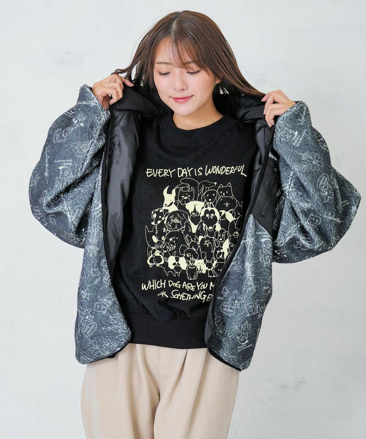 落書き調Parityキャラ厚手ボアハイネックブルゾン-9