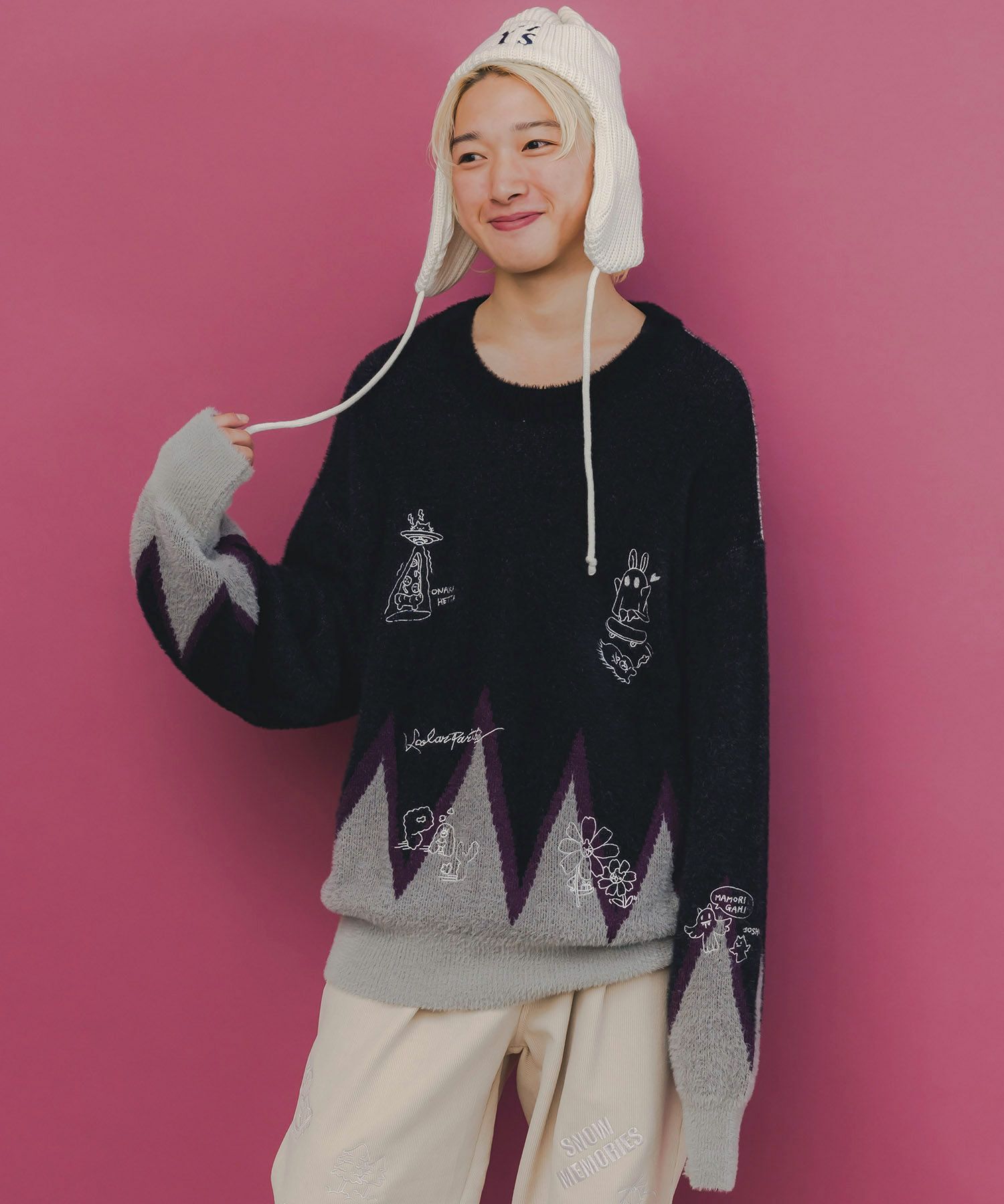 落書き調Parityキャラジャガードニットプルオーバー-1