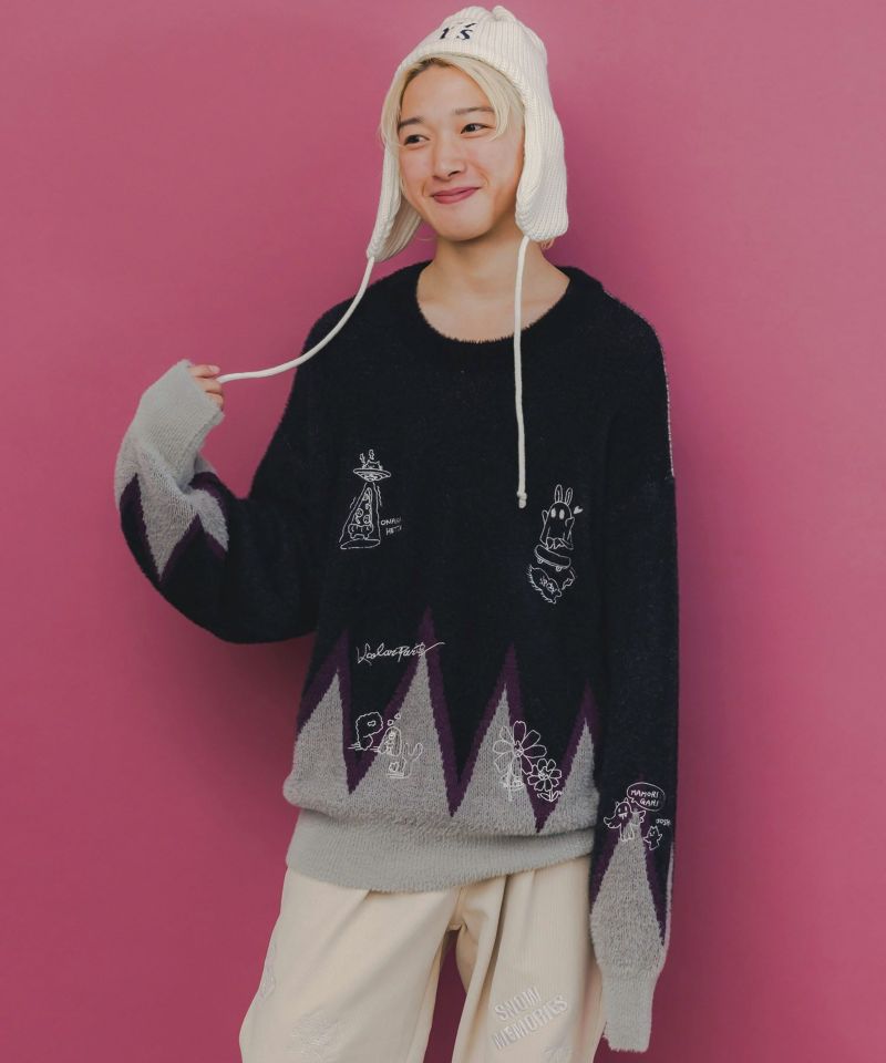 落書き調Parityキャラジャガードニットプルオーバー-1