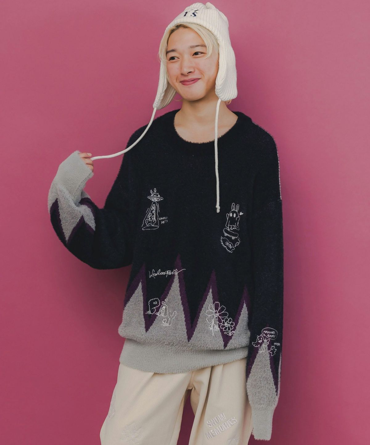 落書き調Parityキャラジャガードニットプルオーバー-1