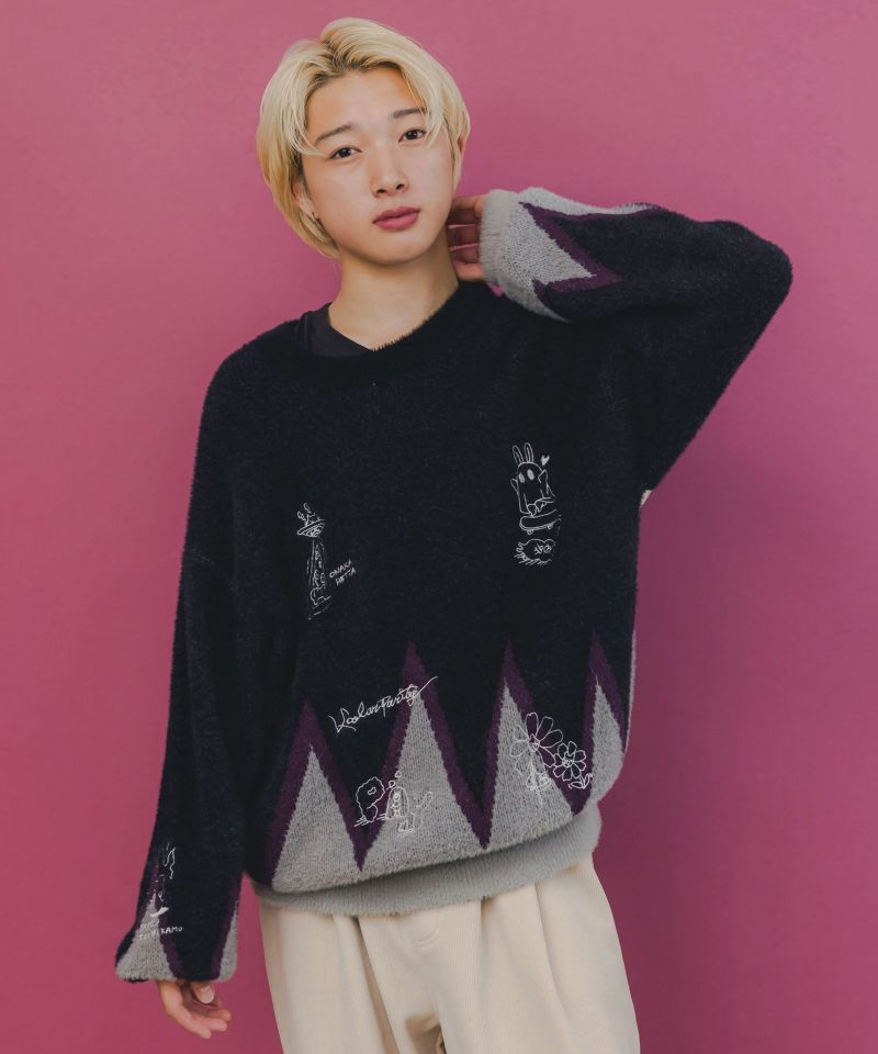 落書き調Parityキャラジャガードニットプルオーバー-3