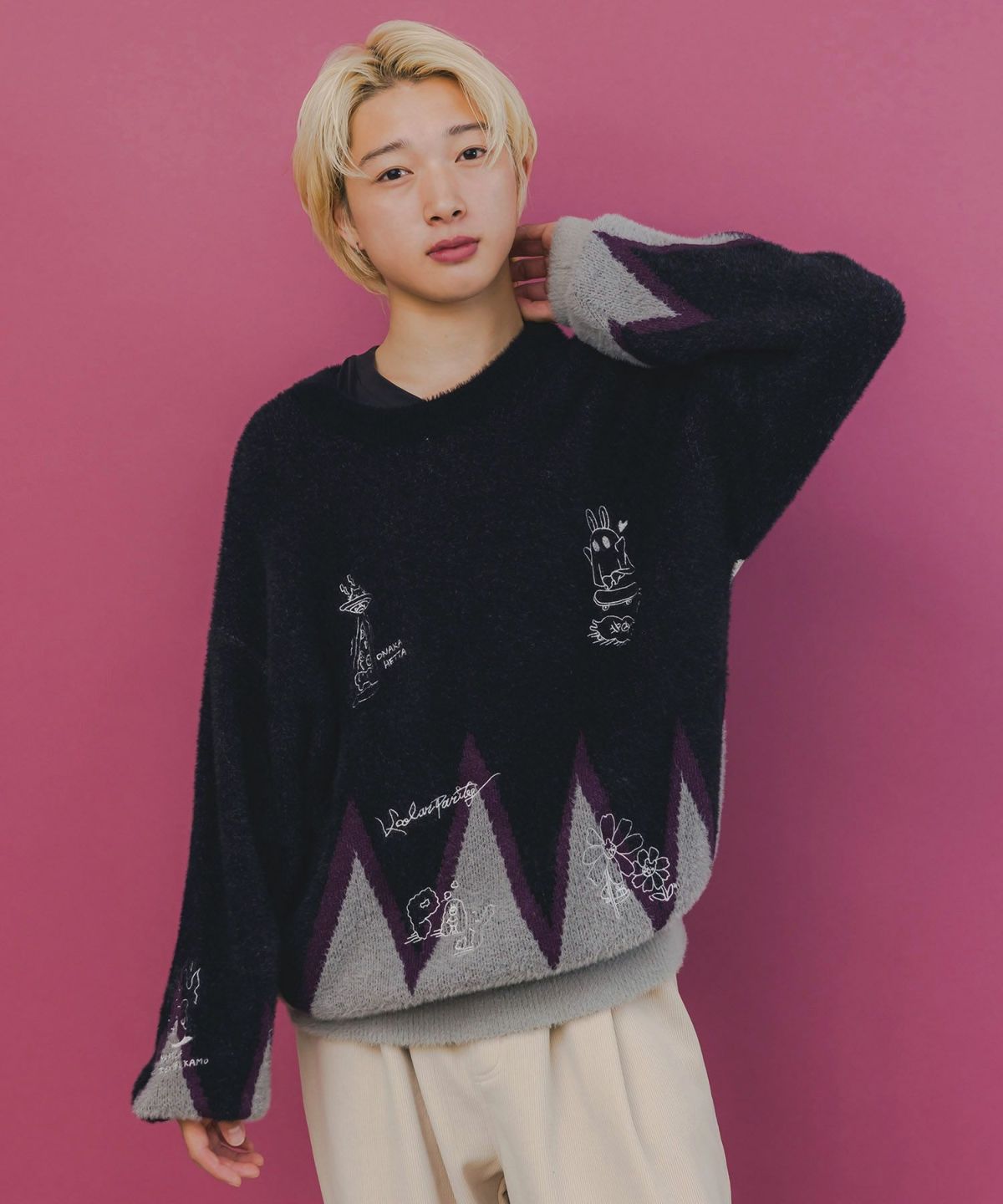 落書き調Parityキャラジャガードニットプルオーバー-3